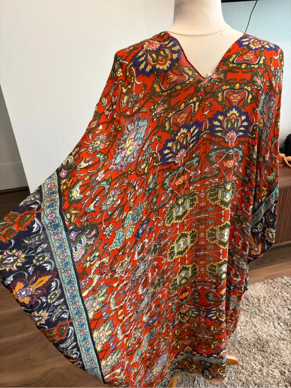 Bohemian Red Floral V-Neck Poncho